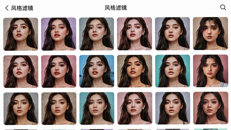 主体为变美啦的滤镜选择画廊,布局为网格状展示,包含多个不同风格的缩略图,排版整齐有序,风格多样化,细节展示色彩丰富的滤镜效果,画质高保真,干净,文字标注“风格滤镜”