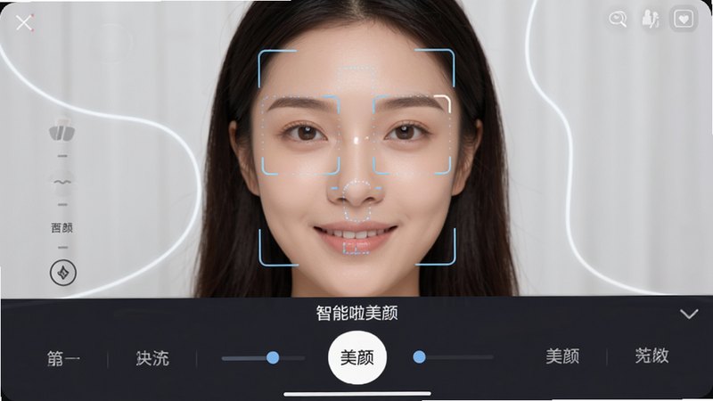 主体为变美啦APP的美颜功能界面,布局分为上下两部分,上部为实时预览窗口,下部为参数控制区,排版扁平化,风格科技感与亲和力兼具,细节展示面部识别框,画质清晰,干净,文字标注“智能美颜”