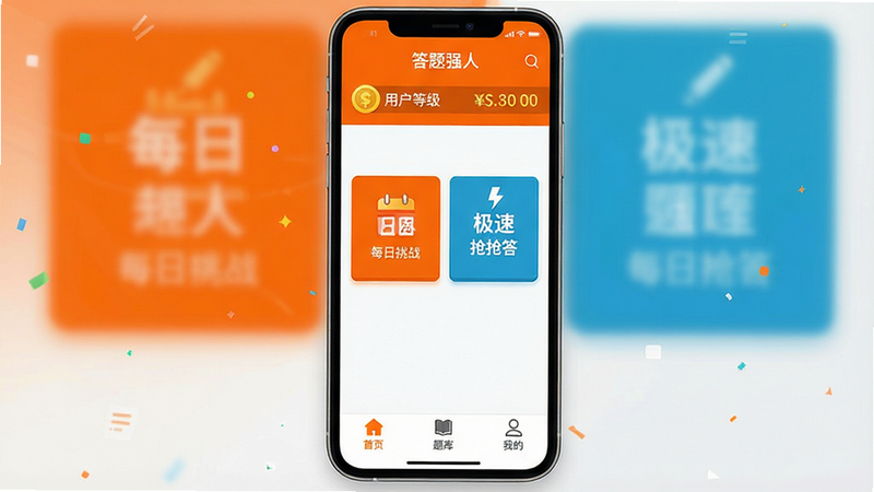 软件主界面全景图,主体为“答题强人”APP首页,布局清晰,顶部显示用户等级与金币余额,中部为“每日挑战”与“极速抢答”两个大按钮,底部导航栏包含首页、题库、我的三个图标,风格扁平化,色彩以活力橙与纯净白为主,细节包含清晰的文字标签,画质高清,干净无多余元素