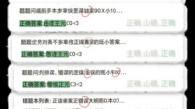 错题本列表页,主体为问题卡片堆叠,布局垂直滚动,每张卡片显示题目摘要与正确答案,排版有序,风格学术严谨,细节包含红色错误标记与绿色正确标记,画质清晰,无多余元素