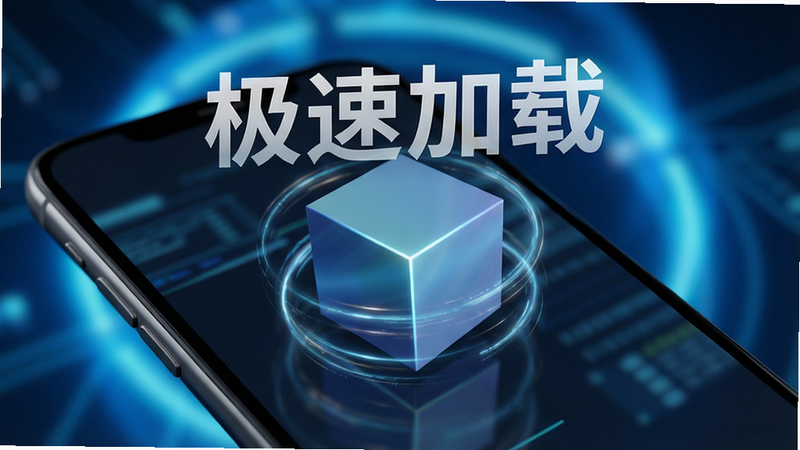 主体为手机屏幕特写,显示3D模型快速加载的动画效果,背景为模糊的科技蓝色光晕,布局突出屏幕中心旋转的3D立方体,风格为动感科技风,细节表现光线追踪效果,画质高清,无杂乱背景,文字