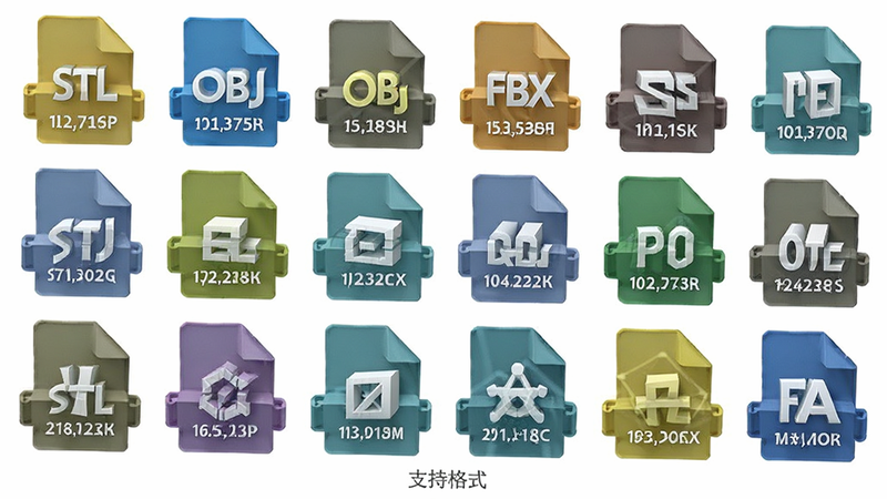 主体为多种3D文件图标集合,包括STL、OBJ、FBX等格式的标志,排列整齐,背景为纯白色,布局为网格状,风格为扁平化图标设计,细节展现文件扩展名清晰可见,画质高清,无阴影,文字