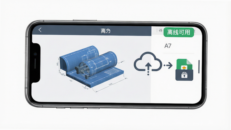 主体为一部智能手机悬浮在白色背景中央,屏幕显示离线状态下的3D图纸界面,旁边有一个云朵断开连接的图标变为本地存储图标,布局简洁对称,风格为扁平化设计,细节表现手机边框的金属质感,画质细腻,无阴影干扰,文字