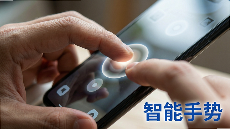 主体为双手手指在手机屏幕上进行双指捏合缩放和单指旋转的动作演示,布局聚焦于手指与屏幕接触点的交互反馈光圈,风格为写实摄影风,细节展现手指纹理与屏幕光泽,画质清晰,背景虚化,无多余装饰,文字