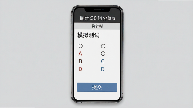 模拟考试界面示意图,主体为手机屏幕,顶部显示倒计时和得分,中间为单选题题目,选项A、B、C、D排列整齐,底部有“提交”按钮,背景为浅灰色,强调专注与严肃的氛围,画质清晰,文字包含“模拟测试”和“倒计时”,风格写实,无多余装饰