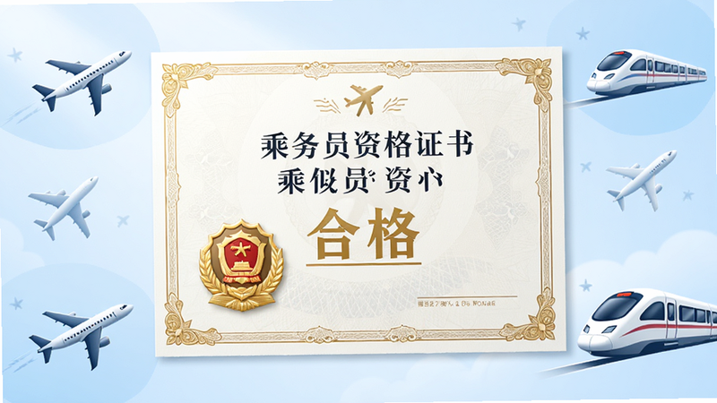 证书展示图,主体为一张精美的“乘务员资格证书”样本,背景为淡蓝色渐变,证书上有金色徽章和文字“合格”,周围点缀着飞机和高铁图标,象征航空与轨道交通行业,画质高清,细节丰富,无多余水印,文字清晰包含“乘务员资格”
