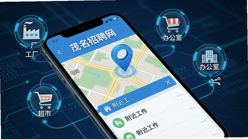 一张概念图,展示手机屏幕上显示地图定位标记,周围环绕着“工厂”、“超市”、“办公室”等图标,主体为“茂名招聘网”APP界面,布局为地图结合列表,风格科技感,细节显示蓝色定位点,画质清晰,文字内容包含“附近工作”