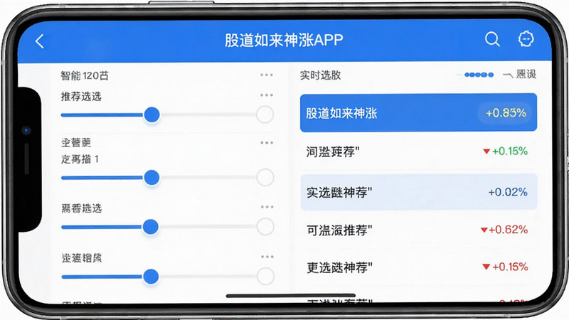 “股道如来神涨”APP内的智能选股功能界面,展示多个筛选条件滑块与实时选股结果列表,界面布局整齐,高亮显示推荐股票,蓝色科技风格,清晰易读