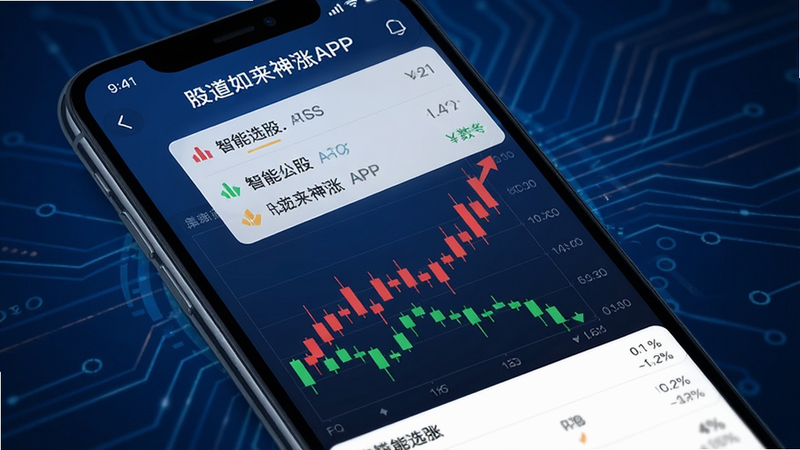 手机屏幕显示“股道如来神涨”APP界面,背景为深蓝色金融科技感,中央展示红色上涨K线图与绿色下跌K线图对比,上方悬浮智能选股列表,界面简洁现代,高清细节,无多余元素