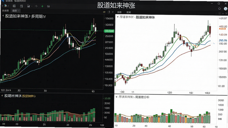 “股道如来神涨”多周期K线分析界面,左侧为日线图,右侧为周线图,底部显示成交量柱状图,界面清晰,线条流畅,专业金融图表风格