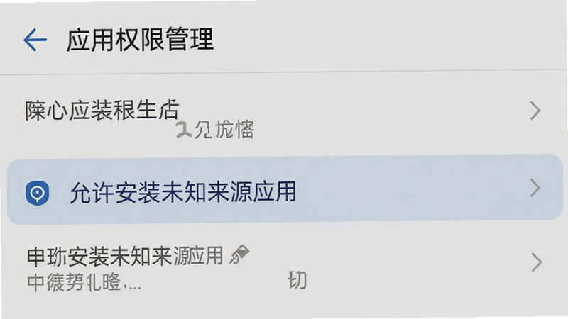 手机设置界面截图,显示“应用权限管理”,高亮显示“允许安装未知来源应用”选项,背景为浅灰色,文字清晰,移动端系统风格