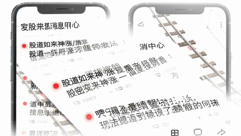 “股道如来神涨”消息中心界面,显示多条新闻推送,每条消息前有红点标记,背景为白色,文字黑色,简洁明了,移动端UI设计风格