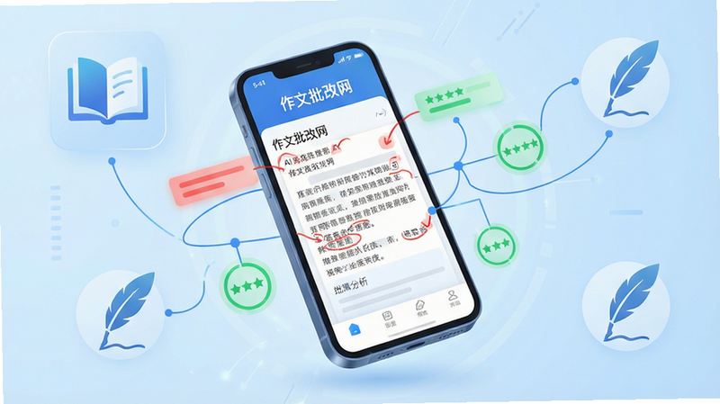 高清现代教育科技风格插画,主体为一部悬浮的智能手机,屏幕显示“作文批改网”APP界面,界面中包含一篇正在被AI分析的作文,周围环绕着红色的修改标记、绿色的评分圈和蓝色的逻辑连接线,背景为浅蓝色渐变的科技感空间,点缀着抽象的书籍和羽毛笔图标,排版简洁大气,细节丰富,画质清晰,无多余元素,干净