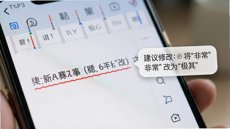 特写镜头展示手机屏幕上的文字编辑界面,一行中文句子被红色波浪线标记,旁边弹出气泡显示“建议修改:将‘非常’改为‘极其’”,背景虚化,突出屏幕上的AI纠错细节,风格写实,光影柔和,画质高清,干净,无多余元素