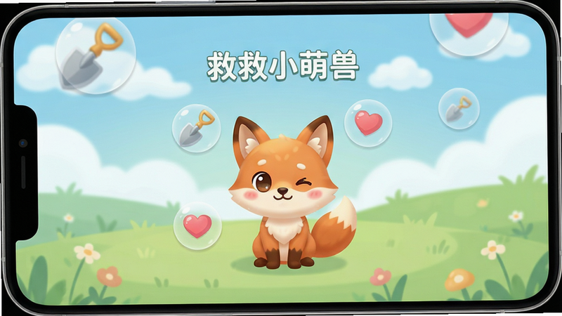 一张高清手机屏幕预览图,主体为“救救小萌兽”游戏主界面,背景是柔和的浅绿色草地和蓝天白云,画面中央有一只可爱的卡通小狐狸正眨着眼睛微笑,周围漂浮着几个半透明的救援道具图标如“小铲子”和“爱心”,整体布局居中对称,排版简洁大气,风格为清新治愈系扁平化设计,细节处有柔和的光影效果,画质4K,干净无多余元素