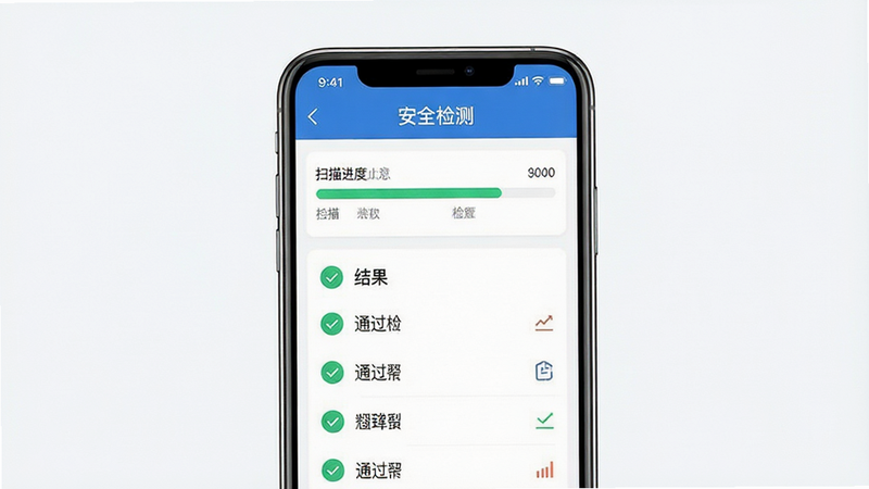 ����Ϊ�ֻ���ȫɨ����棬����չʾɨ������������б����Ű����������רҵ���ţ�ϸ����ʾ��ͨ����⡱��ʶ�����ʸ��壬�ɾ����޶���Ԫ�أ����ֱ�ע����ȫ��⡱