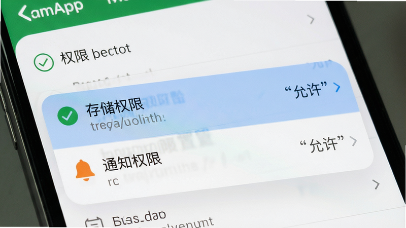 主体为手机设置界面,展示快递单号物流查询APP的权限设置弹窗,布局为列表式,高亮显示“存储权限”和“通知权限”,排版清晰,风格为系统原生UI,细节处有对勾图标,画质清晰,干净,无多余元素,文字“允许”加引号