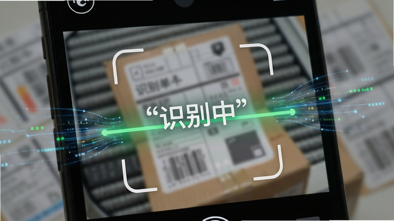 主体为手机界面特写,展示快递单号物流查询APP的智能识别功能,布局为摄像头取景框样式,中间有绿色扫描线,背景虚化显示快递单,排版聚焦于识别区域,风格科技感,细节处有数据流动的光效,画质清晰,干净,无多余元素,文字“识别中”加引号