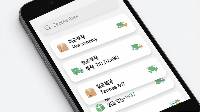 主体为手机屏幕界面,展示快递单号物流查询APP的主页,布局简洁,顶部有搜索框,中间显示列表式物流状态卡片,包含快递公司名称、单号、当前状态图标,排版整齐,风格为现代扁平化UI设计,细节处有柔和阴影,画质高清,干净,无多余元素,文字清晰可见