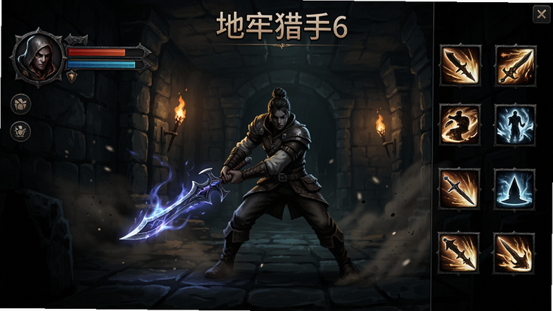 主体:游戏主界面与角色立绘; 布局:左侧显示角色状态栏,右侧展示技能图标,中央为角色持武器战斗姿态; 排版:UI元素简洁,背景为幽暗地牢场景; 风格:暗黑奇幻,高对比度; 细节:武器上有微光特效,背景有飘落的尘埃粒子; 画质:高清,8k,无多余元素, 文字:“地牢猎手6”