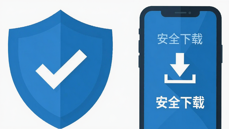 主体:安全盾牌图标与手机下载界面; 布局:盾牌在左,手机在右,相互呼应; 排版:简洁明了,重点突出安全标识; 风格:扁平化设计,蓝色调; 细节:盾牌上有对勾标志,手机屏幕显示下载完成; 画质:矢量图风格,线条清晰, 干净, 无多余元素, 文字:“安全下载”