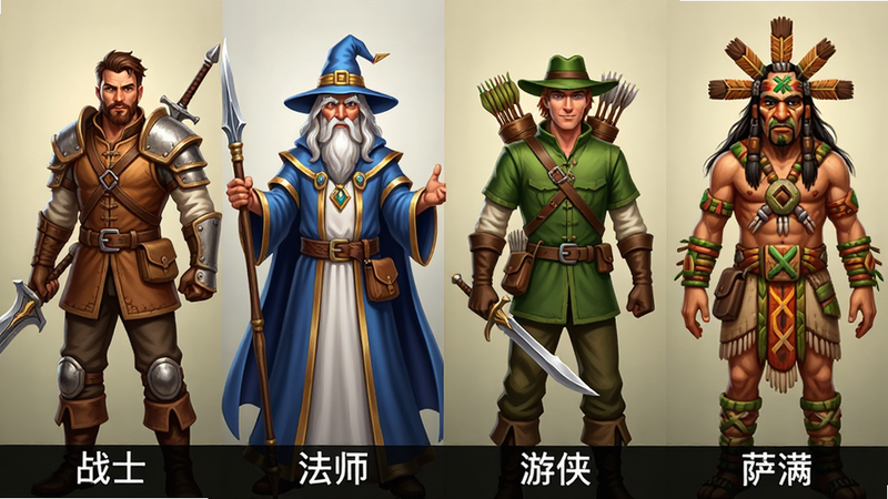 主体:四个不同职业的角色并排站立; 布局:横向排列,每个角色占据四分之一画面; 排版:底部有职业名称标签; 风格:角色展示图,光影柔和; 细节:每个角色穿着具有辨识度的装备,武器各异; 画质:精致,细节丰富, 干净, 无多余元素, 文字:“战士”、“法师”、“游侠”、“萨满”