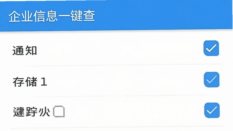 一张手机设置界面的示意图,显示“企业信息一键查”的权限管理页面,勾选了通知、存储等权限,界面清晰,字体易读,风格为典型的安卓系统UI,高清,无多余图标