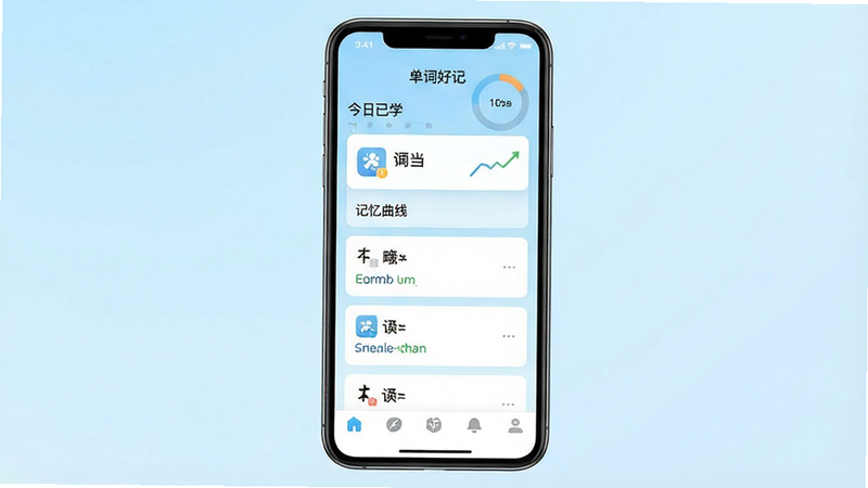 ����Ϊ�����ʺüǡ�APP���ֻ���Ļ�����ͼ����������չʾ��ҳ�ʻ��б���ѧϰ���Ȼ����Ű���ü����ƽ����Ʒ�񣬱���Ϊ��͵�ǳ��ɫ���䣬ϸ�ڰ������������Ĵʻ㿨Ƭ��Ӣ������ͼ�꼰�ײ����������������ݰ��������ʺüǡ�����������ѧ�������������ߡ������ʸ��壬�ɾ��޶���Ԫ�أ���ˮӡ