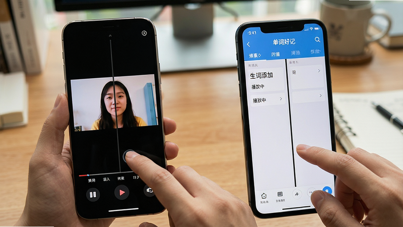 ����Ϊ�ֻ�����ʹ�ó��������Ϊ��Ƶ���Ž��棬�Ҳ�Ϊ�����ʺüǡ�APP¼�����ʽ��棬���ֽ��ո�Ч�����дʵ��ϸ����ʾ��ָ�����Ļ�Ķ���������Ϊ�������������ְ������������ӡ����������С���������ʵ���ɾ����޶���Ԫ��