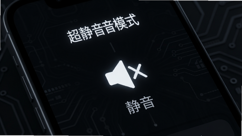 主体为手机界面显示“超静音模式”开启状态,背景为深色,文字为亮白色,布局简洁,突出“静音”图标,风格现代科技,细节清晰,4K高清,干净无杂乱