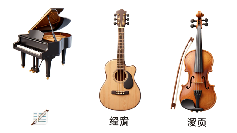 主体为乐器图标集合,包括钢琴、吉他、小提琴,排列整齐,布局对称,每个图标下方有中文名称标签,风格清新明亮,色彩柔和,细节刻画乐器纹理,高清画质,干净背景,无其他干扰元素