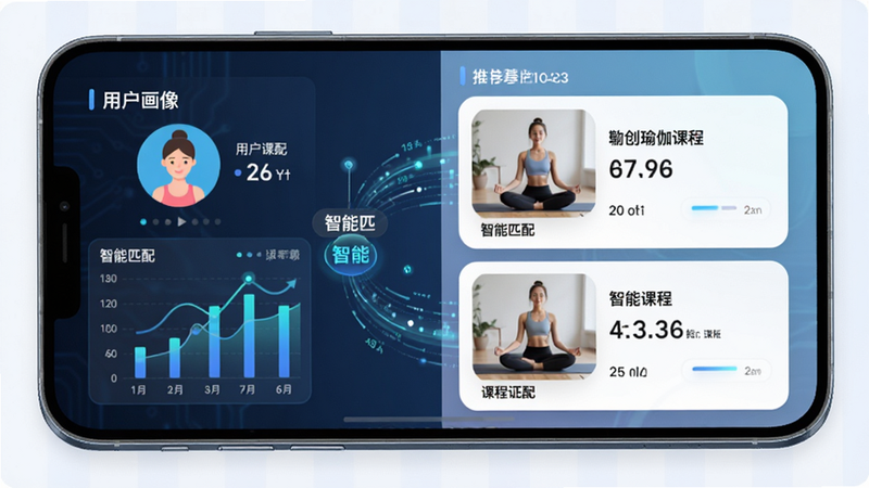 数创瑜伽智能推荐界面示意图,主体为手机屏幕,左侧显示用户画像数据图表,右侧显示推荐课程卡片,布局左右分栏,风格科技感与亲和力结合,细节包含数据流动效与课程封面图,画质高清,干净,无多余元素,文字标注