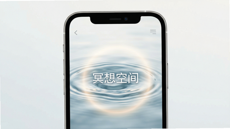 数创瑜伽冥想模式界面,主体为手机屏幕显示极简禅意画面,布局留白充足,风格宁静致远,细节包含流动的水波纹与柔和的光晕,画质唯美,干净,无多余元素,文字标注