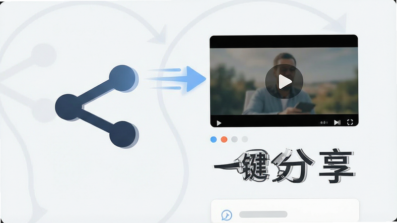 主体为分享图标与视频缩略图,布局紧凑,背景淡灰色,排版流畅,风格清新,细节处体现快速传输,画质清晰,干净,无多余元素,文字显示