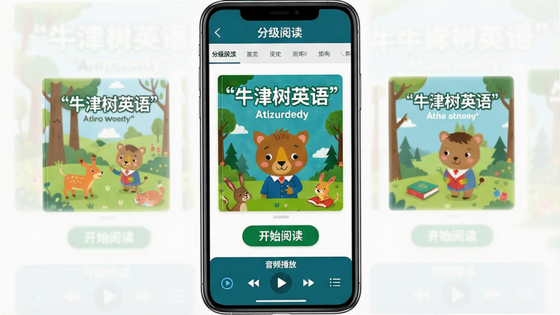 一张展示‘牛津树英语’App界面的全景图,主体为手机屏幕,屏幕内显示色彩鲜艳的卡通绘本封面,布局清晰,顶部有‘分级阅读’导航栏,底部有‘音频播放’控制条,风格为扁平化儿童UI设计,细节包含‘开始阅读’按钮,画质高清,干净无多余元素,文字加引号‘牛津树英语’