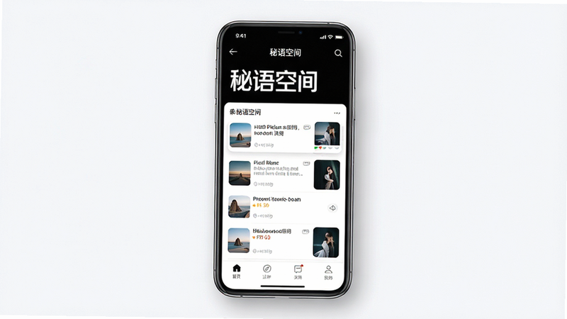移动端APP界面展示,主体为手机屏幕显示秘语空间主界面,布局清晰,顶部导航栏,中间列表式内容流,底部功能菜单,排版整洁,风格简约现代,细节包含柔和的阴影效果和高对比度文字,画质高清,干净,无多余元素,文字