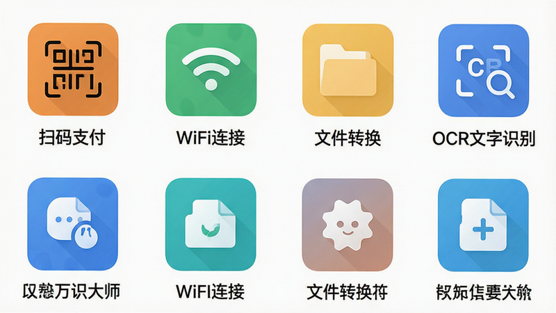����Ϊ�������ܲ˵�������棬���������š�ɨ��֧��������WiFi���ӡ������ļ�ת��������OCR����ʶ�𡱵�ͼ�꣬ÿ��ͼ���·����������ֱ�ǩ������Ϊ��ɫ������ƽ����ϸ�ھ��£����ʸ��壬�ɾ��޶���Ԫ�أ���������Ϊ
