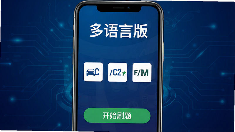 主体为手机屏幕居中显示驾考宝典多语言版界面,背景为深蓝色科技渐变,顶部显示“多语言版”字样,中部有C1/C2/F/M驾照图标,底部有“开始刷题”绿色按钮,布局清晰,排版整洁,扁平化设计风格,细节丰富,画质高清,干净无多余元素