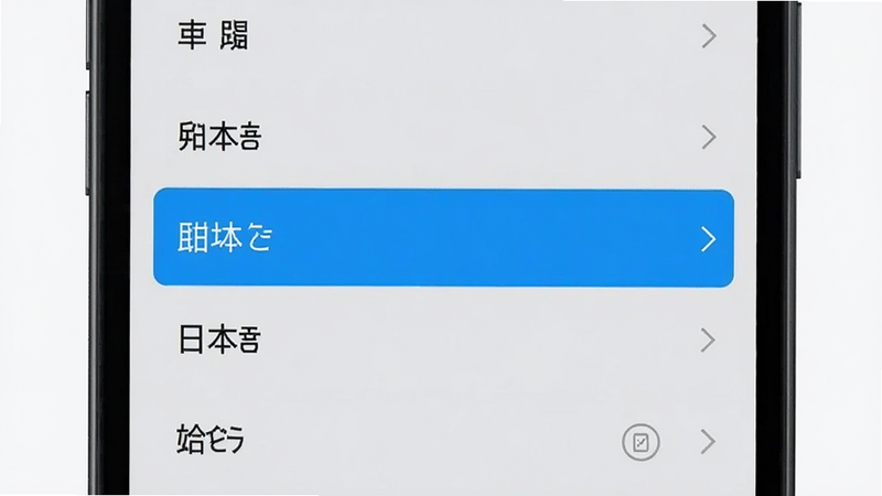 主体为手机界面展示语言选择列表,包含中文、English、日本等选项,选中项高亮显示,背景为浅灰色,布局为垂直列表,排版整齐,简约风格,细节清晰,画质高清,干净无多余元素