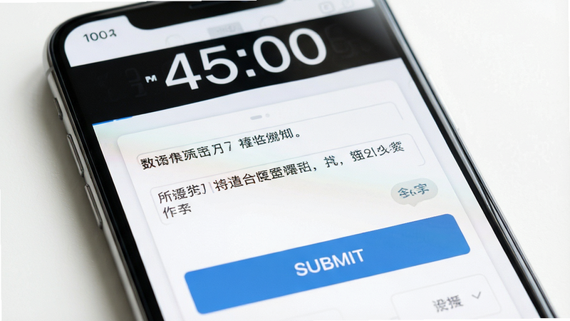 主体为手机屏幕展示模拟考试界面,顶部显示倒计时“45:00”,中部为题目区域,底部有提交按钮,背景为白色,布局为上下结构,排版规范,写实风格,细节逼真,画质高清,干净无多余元素