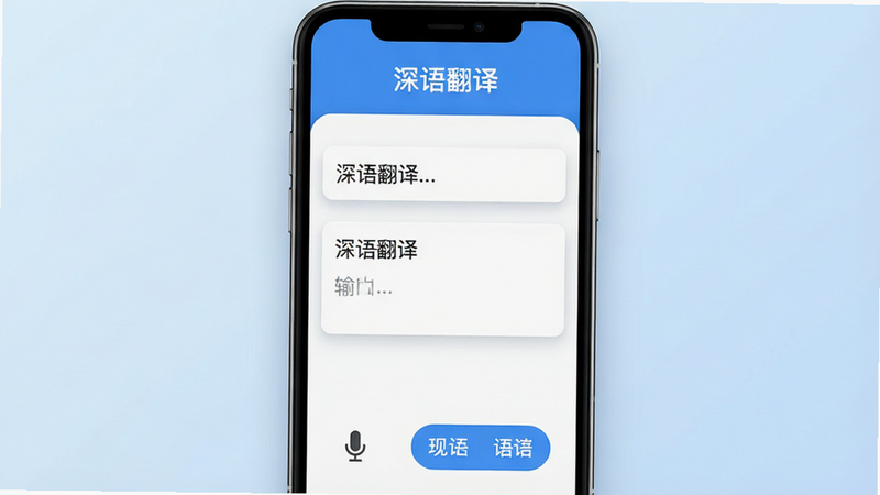 生成一张深语翻译APP的主界面预览图,主体为手机屏幕,背景为浅蓝色渐变色,布局清晰,顶部显示APP名称