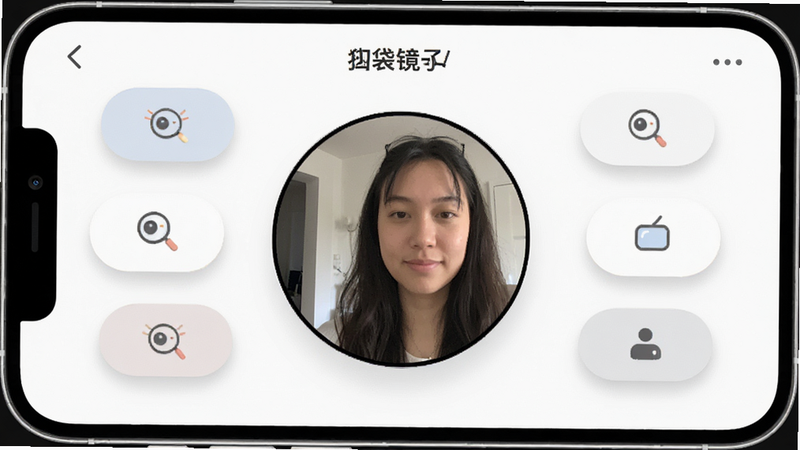 一张高清手机界面截图,主体为“口袋镜子”APP的主界面,布局简洁,中央是一个圆形的实时摄像头预览窗口,周围环绕着柔和的UI按钮,风格为现代极简主义,细节包括清晰的图标纹理和柔和的阴影效果,画质4K,干净,无多余元素