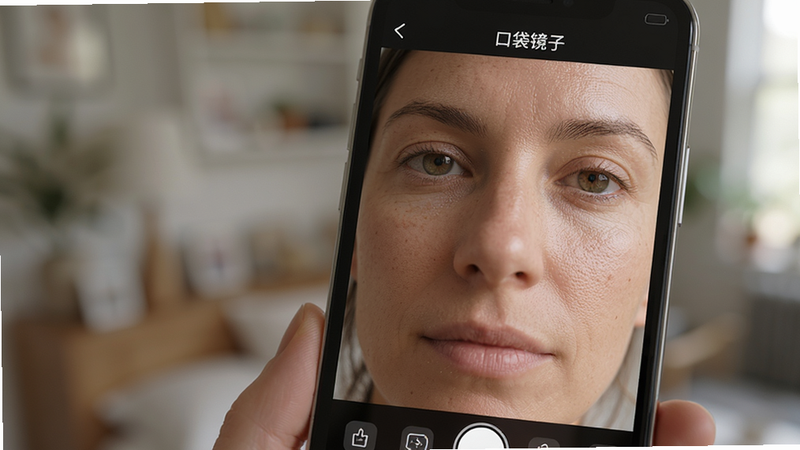 特写镜头,展示手机屏幕上正在运行的“口袋镜子”软件,画面中是一位女性的面部特写,皮肤纹理清晰可见,光线柔和自然,背景虚化,强调软件的高清成像能力,风格写实,细节丰富,画质极高,无多余元素