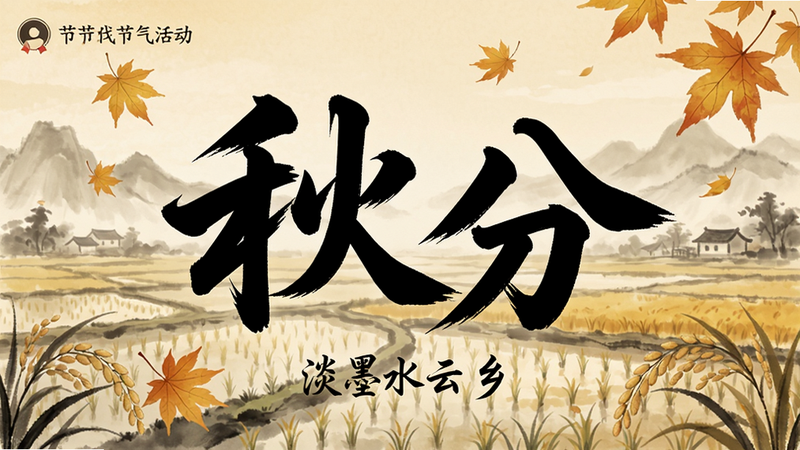 游戏内节气活动界面,画面中央是一个巨大的毛笔字‘秋分’,周围飘落着金黄色的枫叶,背景是水墨渲染的稻田,色调温暖,风格传统,细节丰富,画质高清,干净,无多余元素,文字显示‘淡墨水云乡’