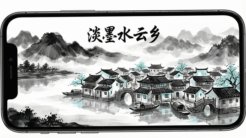 一张高清精美的手机屏幕展示图,主体是‘淡墨水云乡’游戏的主界面,画面呈现典型的中国水墨画风格,远山如黛,近水含烟,一座古朴的江南水乡小镇坐落在画面中央,房屋错落有致,色调以黑白灰为主,点缀少许淡青色,布局平衡,排版整洁,细节丰富,画质清晰,干净,无多余元素,文字显示‘淡墨水云乡’