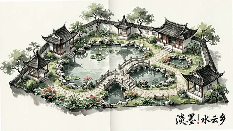 游戏内庄园全景图,视角为俯视,展示了一个精心布置的江南园林,有池塘、小桥、亭台楼阁,植被茂盛,布局井然有序,色调柔和,风格写实水墨,细节清晰,画质优秀,干净,无多余元素,文字显示‘淡墨水云乡’