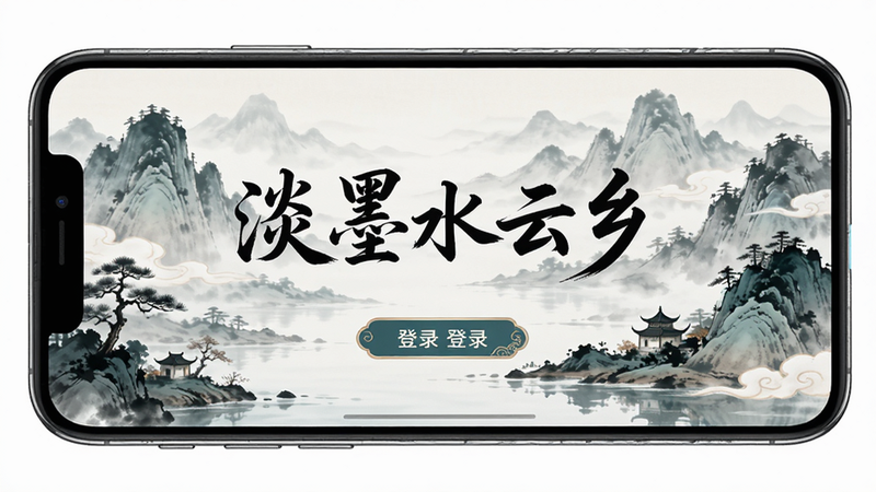 手机屏幕显示游戏登录界面,背景是动态的水墨山水,中央有‘淡墨水云乡’五个大字,下方是登录按钮,整体氛围宁静祥和,风格典雅,细节精致,画质高清,干净,无多余元素,文字显示‘淡墨水云乡’