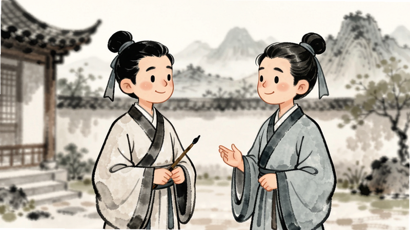 两个卡通水墨风格的人物形象站在庭院中交谈,背景是模糊的水墨山水,人物服饰为传统汉服,姿态自然,表情温和,布局居中,风格温馨,细节柔和,画质清晰,干净,无多余元素,文字显示‘淡墨水云乡’