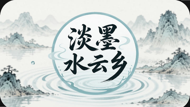 手机应用图标特写,背景为淡雅的水墨山水,中心是一个圆润的‘淡墨水云乡’Logo,字体采用书法风格,周围环绕着淡淡的水波纹,整体色调清新雅致,风格简约,细节精致,画质高分辨率,干净,无多余元素,文字显示‘淡墨水云乡’