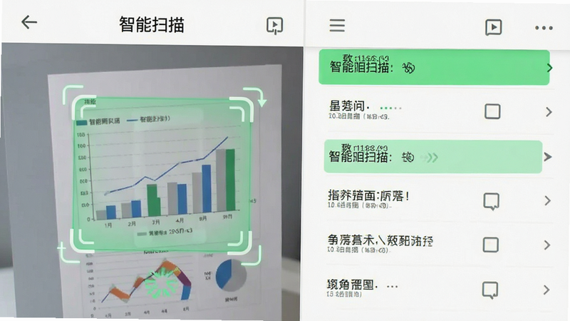 主体为手机应用界面截图,显示“智能扫描”正在识别一张带有图表的文档,布局聚焦于识别框与提取出的文字列表,排版为左右分栏,风格为扁平化UI设计,细节展示绿色识别高亮条与流畅的加载动画,画质高清,干净,无多余元素